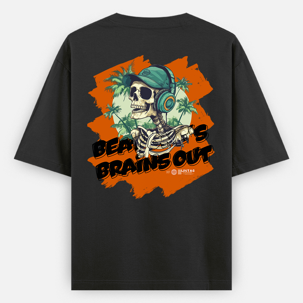 Black t-shirt with a skeleton wearing headphones and palm trees design on the back, against a white background.